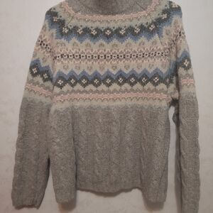 ​Partners Size L Gray Fair Isle Cable Knit Turtleneck Sweater Multicolor